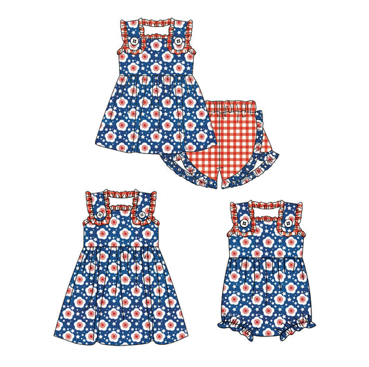 ( Moq 5 Each Style ) Sibling Baby Girls Kids Flower Stars Romper Dress Set 4th of July Clothes