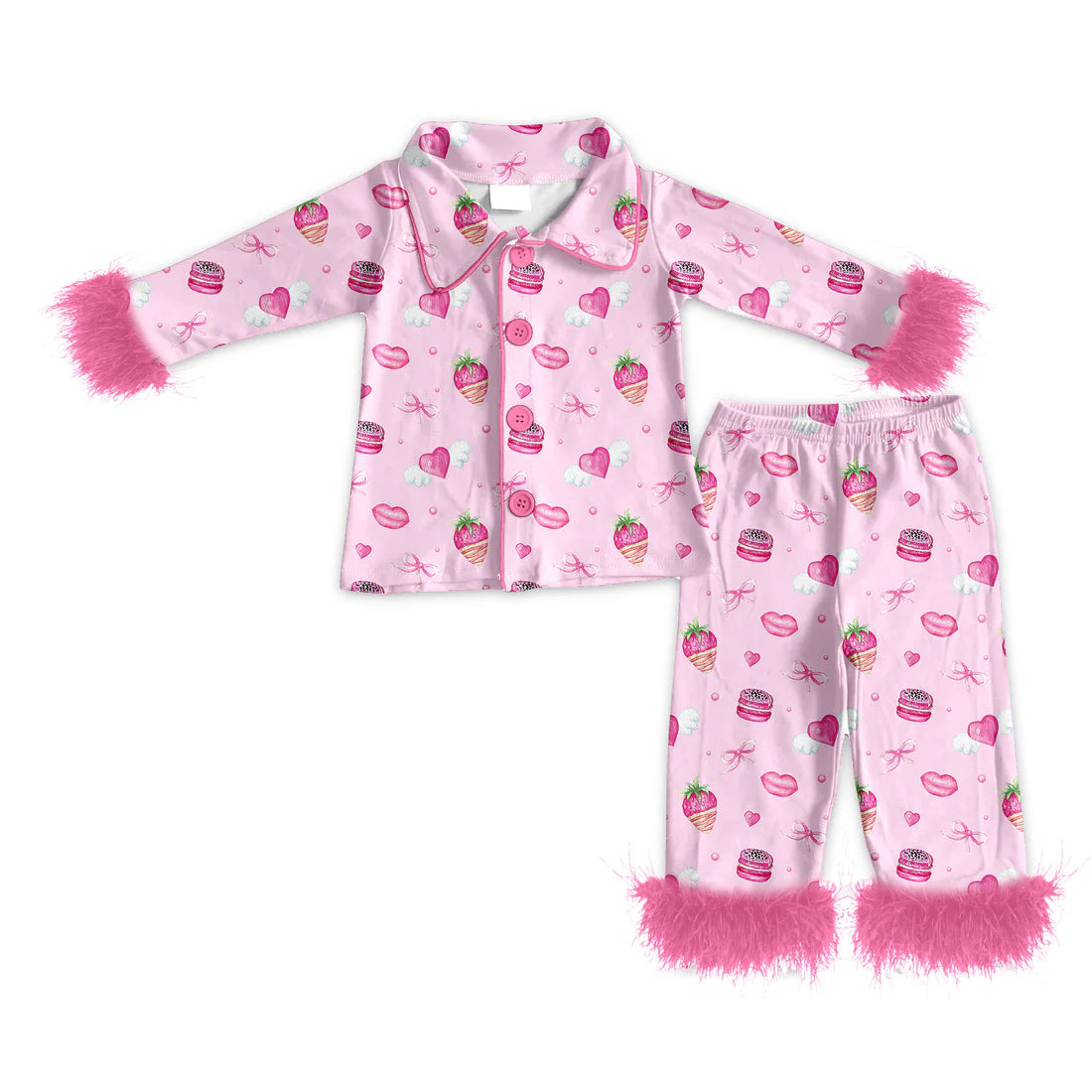( Moq 5 ) Baby Girls Fur Long Sleeves Buttons Shirt Pants Pajamas Hearts Strawberry Valentine Set