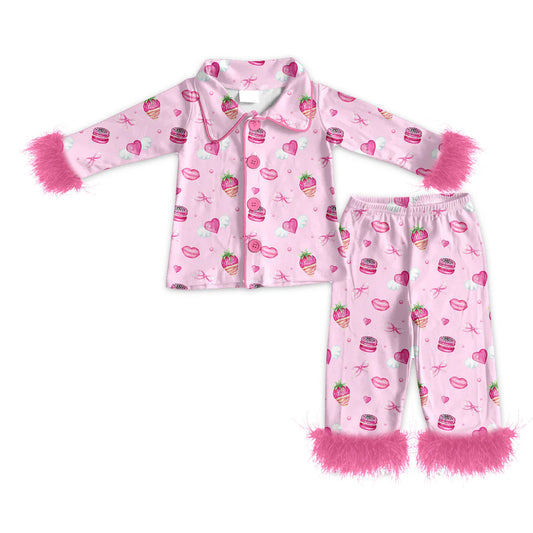 ( Moq 5 ) Baby Girls Fur Long Sleeves Buttons Shirt Pants Pajamas Hearts Strawberry Valentine Set