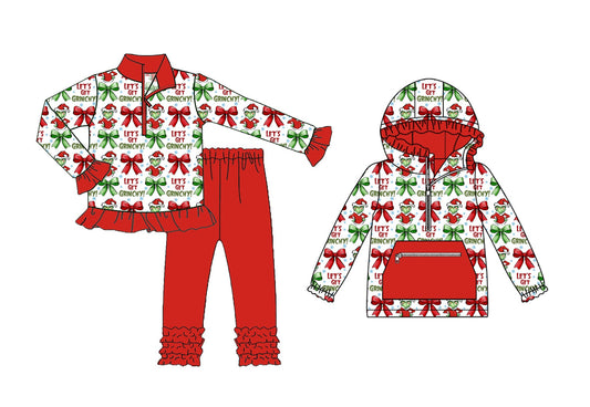 ( Moq 5 Each Style ) Baby Girl Toddler Green Face Bows Christmas Sibling Shirt Set