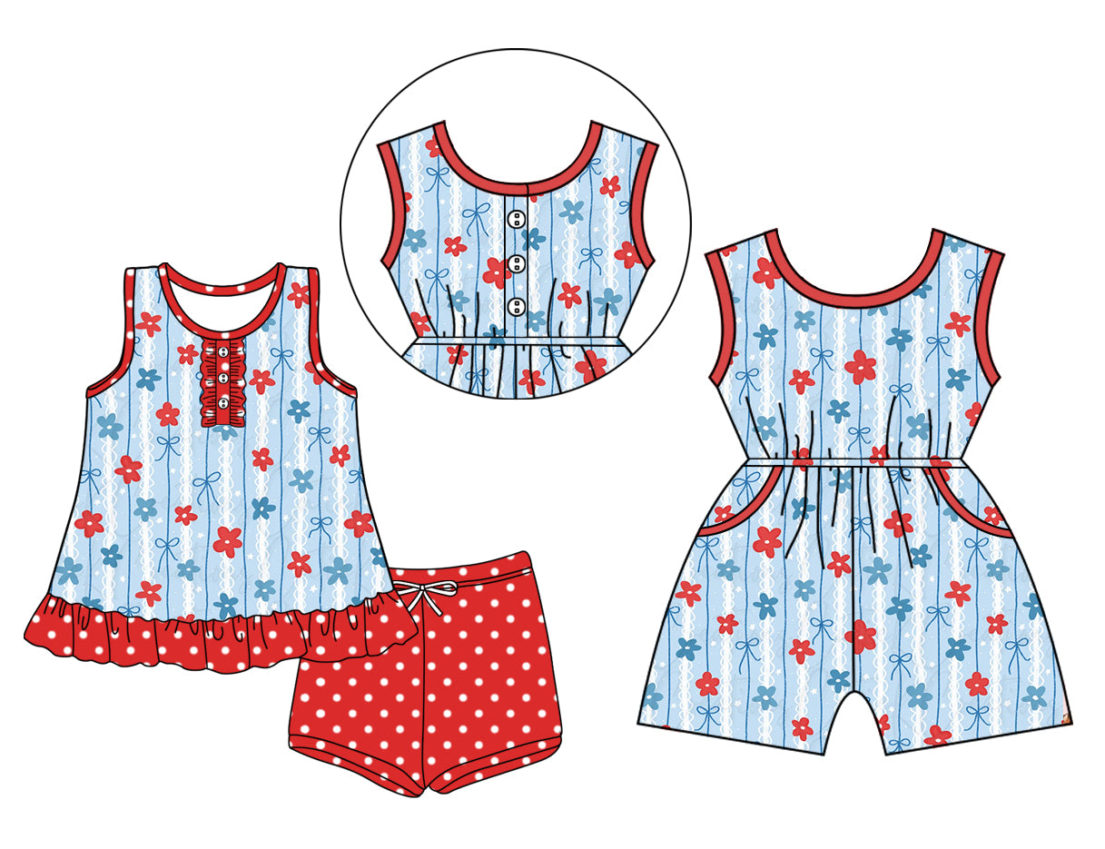 ( Moq 5 Each Style ) Sibling Baby Girls Kids Flower Bows Jumpsuit Set 4th of July Clothes