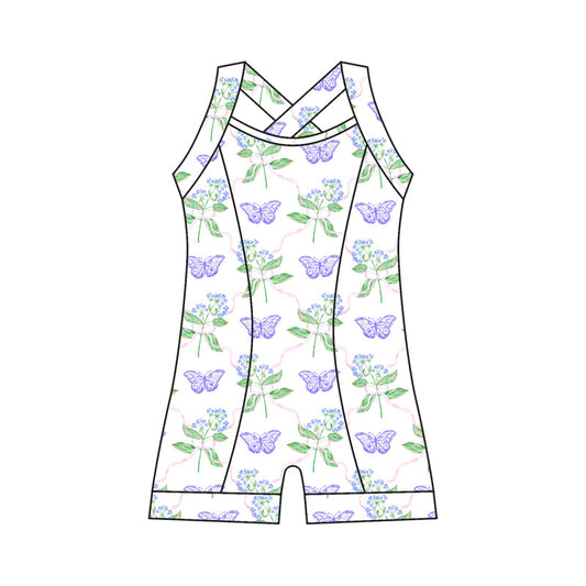 ( Moq 10 ) Baby Girl Straps Lavender Butterfly Flowers Activity Wear Yoga Jumpsuit