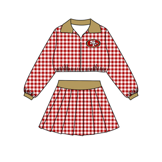 ( Moq 5 ) Baby Girls Kids Long Sleeves Plaid Zipper Tops Skirt Shorts Team Set Clothes