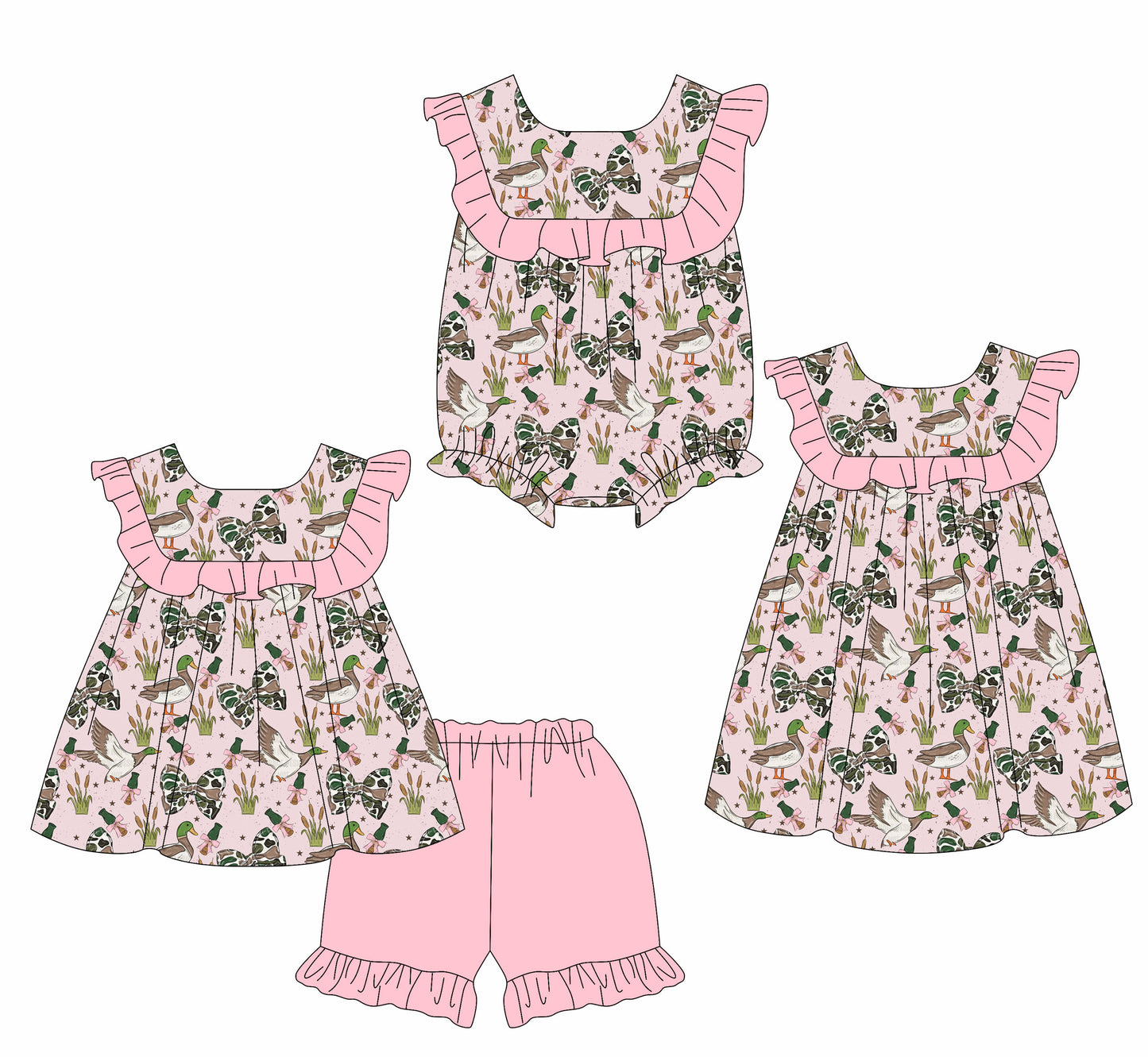 ( Moq 5 Each Style ) Sibling Baby Girls Kids Ducks Bows Pink Ruffle Romper Dress Set Clothes