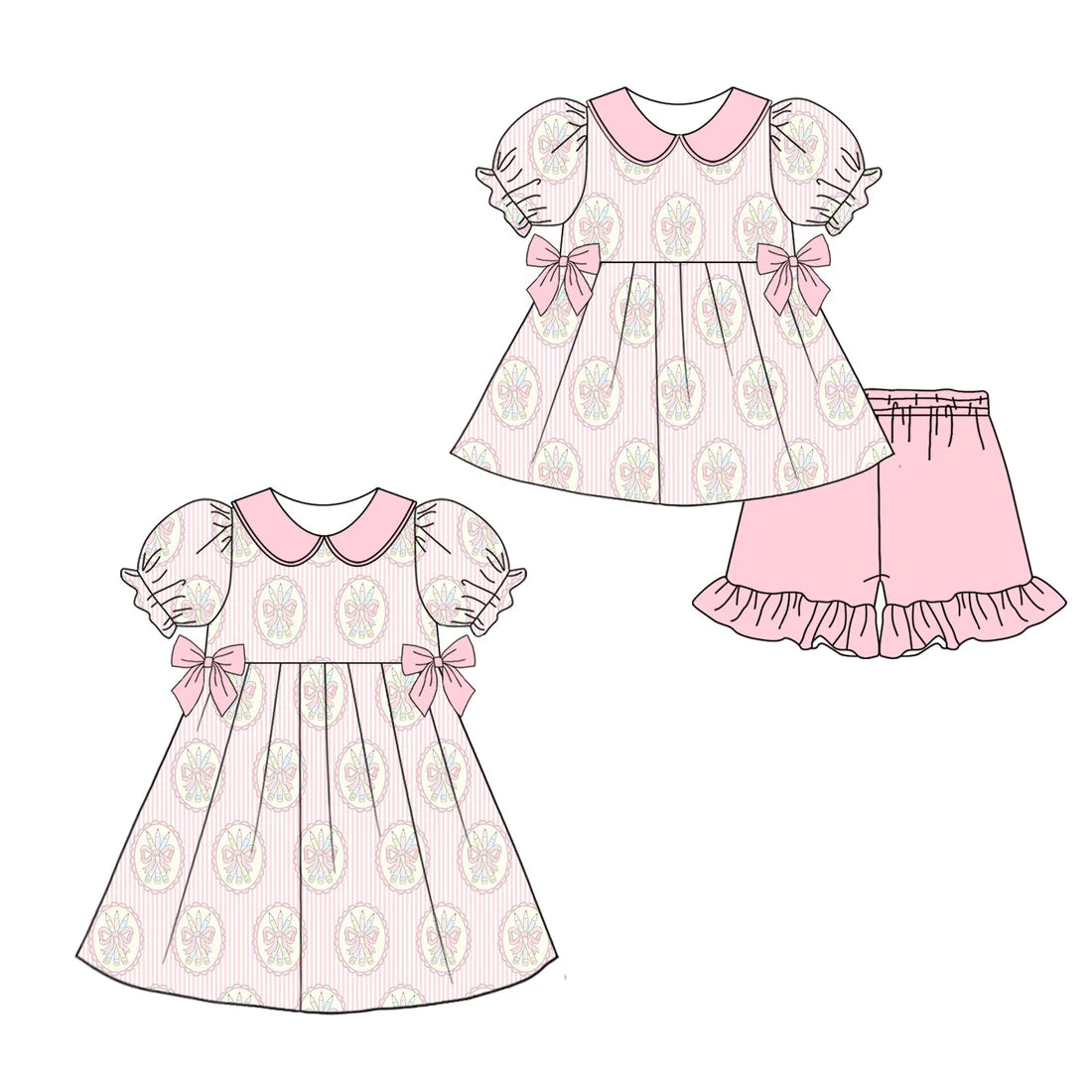 ( Moq 5 Each Style ) Sibling Baby Girls Kids Pink Bows Pencil Back to School Short Sleeves Dress Set