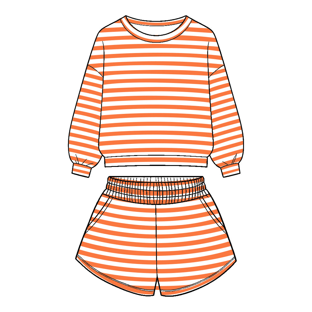 ( Moq 5 ) Baby Girls Kids Long Sleeves Stripes Shirt Pockets Shorts Team Set Clothes