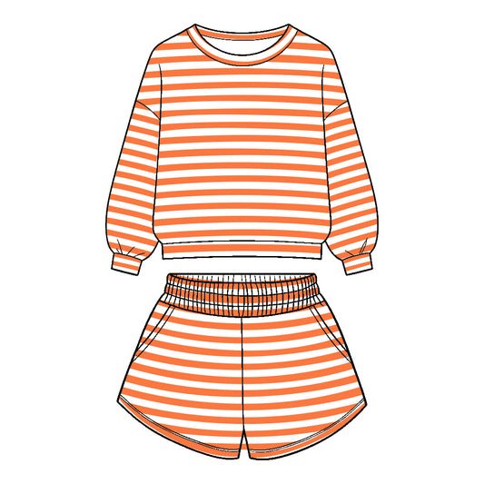 ( Moq 5 ) Baby Girls Kids Long Sleeves Stripes Shirt Pockets Shorts Team Set Clothes