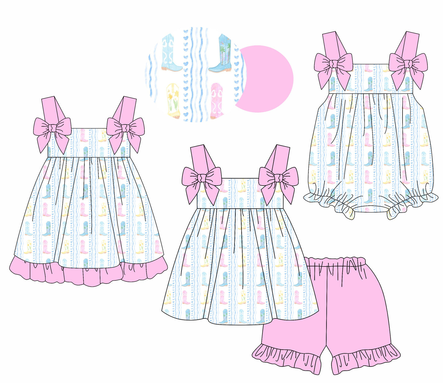 Baby Girl Straps Boots Pink Bows Hearts Sibling Romper Dress Set ( Moq 5 Each Style ) 1.21