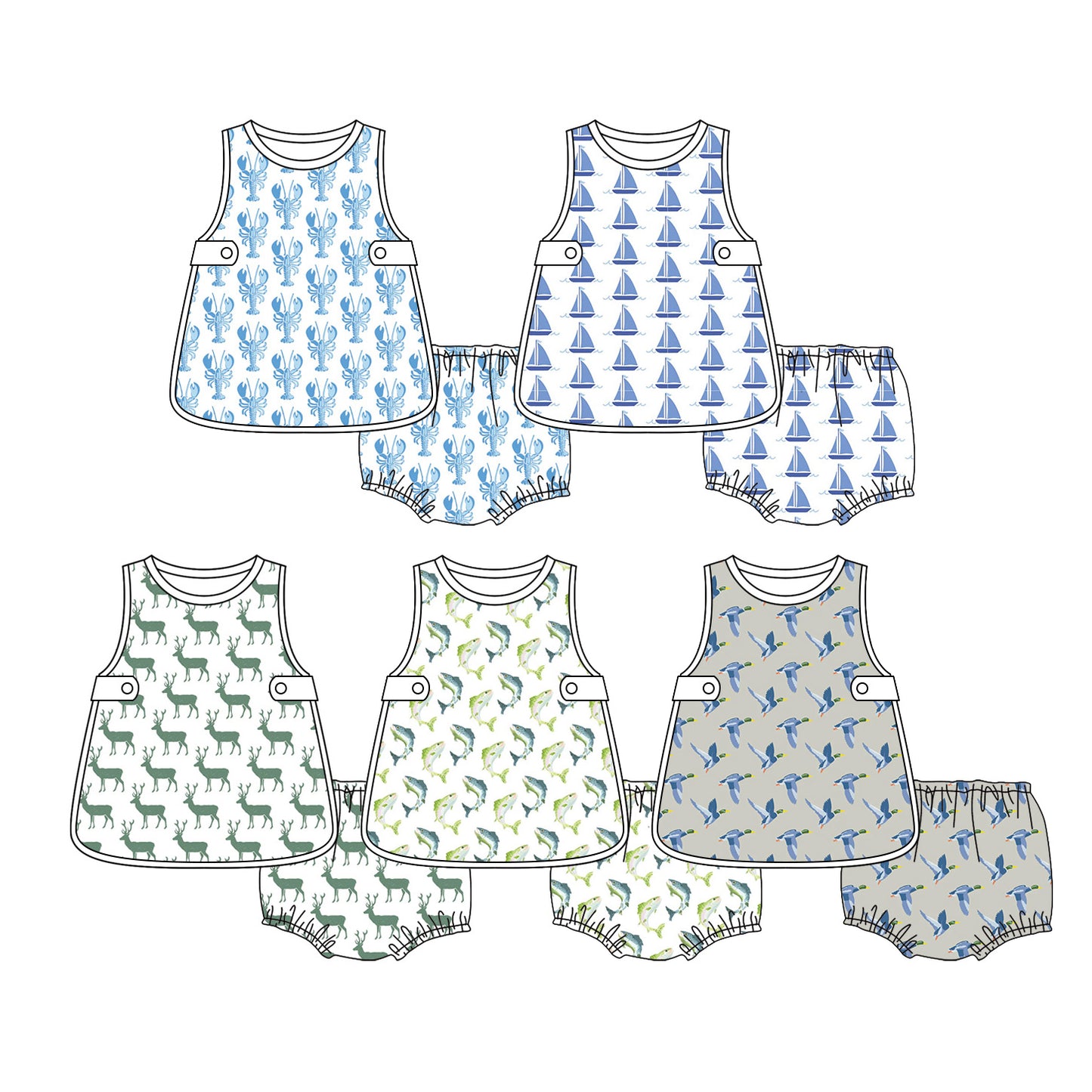 ( Moq 5 each style ) Baby Boys Kids Ducks Fish Deer Tops Bummie Shorts Sibling Clothes Sets