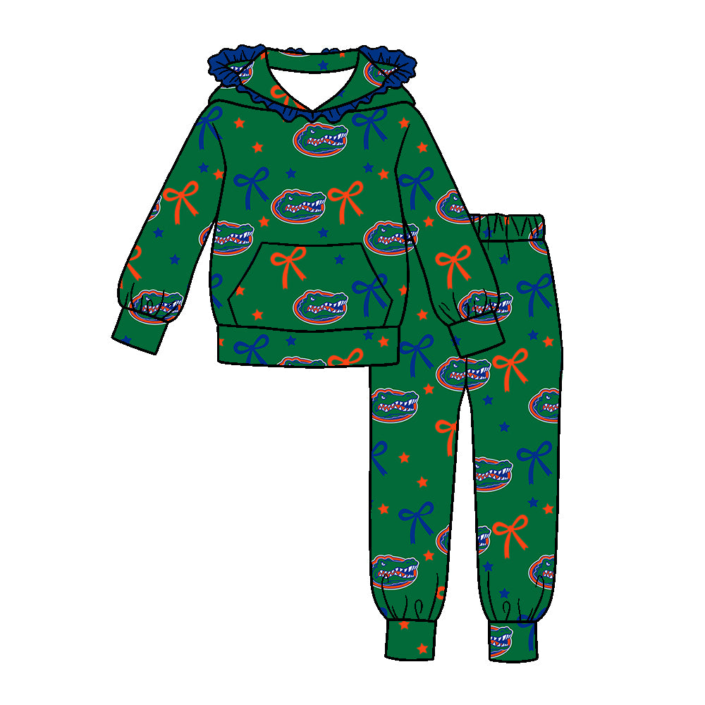( Moq 5 ) Baby Girls Toddler Bows Hoodie Pullover Pockets Pants Team Clothes Green Set
