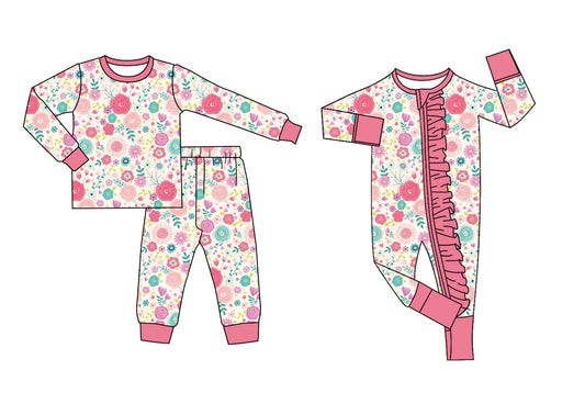 ( Moq 5 Each Style ) Baby Girls Kids Long Sleeves Flower Sibling Zipper Romper Pajamas Set