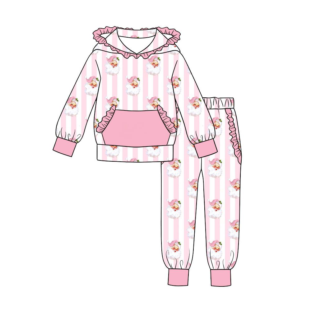 ( Moq 5 ) Preorder Baby Girls Kids Christmas Santa Stripes Hoodie Pullover Ruffle Pockets Pants Set Clothes