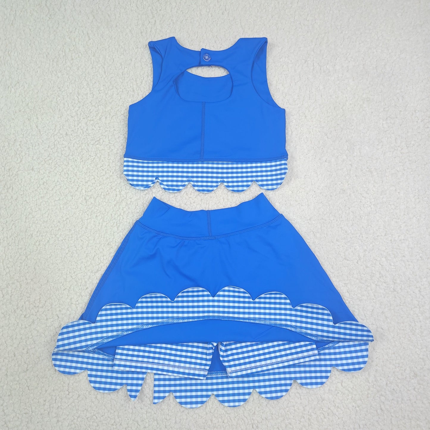 Baby Girls Kids Scallop Shirt Blue Plaid Bows Skirt Shorts Set Yoga Active Clothes RTS