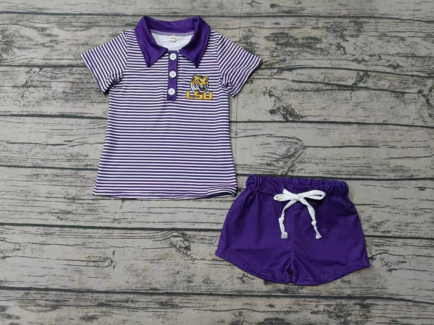 Baby Boy Short Sleeves Tiger Team Shirt Purple Shorts Set Moq 5