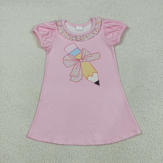 Baby Girl Short Sleeves Pencil Bow Floral Ruffle Back To School  Knee Length Pink Dress RTS