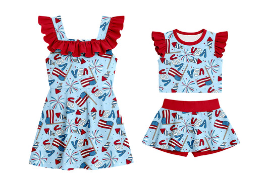( Moq 5 Each Style ) Baby Girls Kids Red Short Sleeves Flags Sibling 4th of July Dress Set