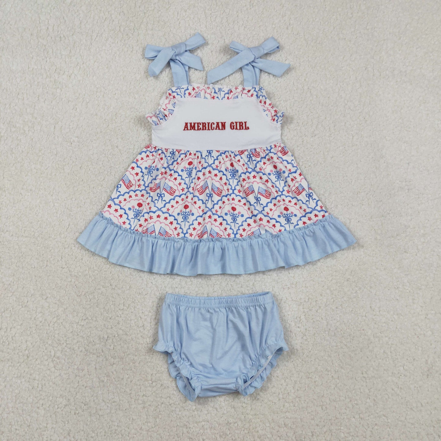 Baby Kids Straps Embroidery American Girl Flags Bows Tunic Blue Bummie 4th of July Set RTS