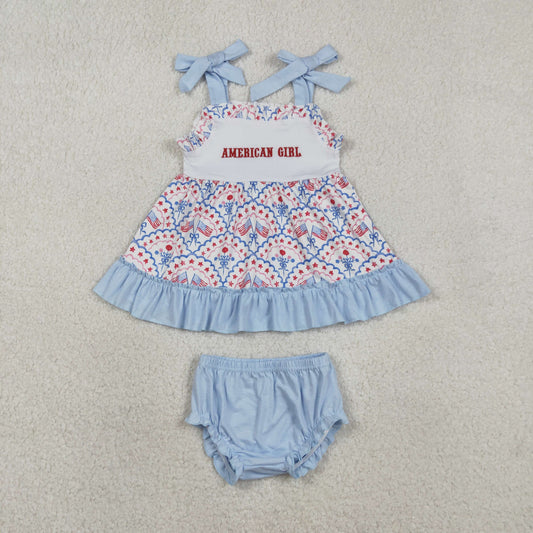 Baby Kids Straps Embroidery American Girl Flags Bows Tunic Blue Bummie 4th of July Set RTS