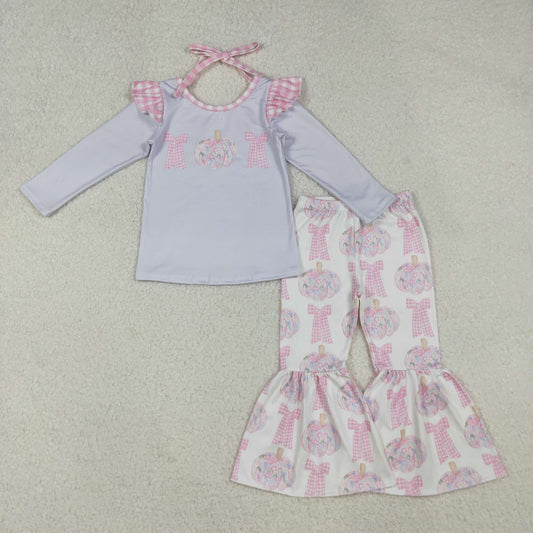 Baby Girl Long Sleeves Flower Pumpkins Bows Shirt Bell Pants Set RTS