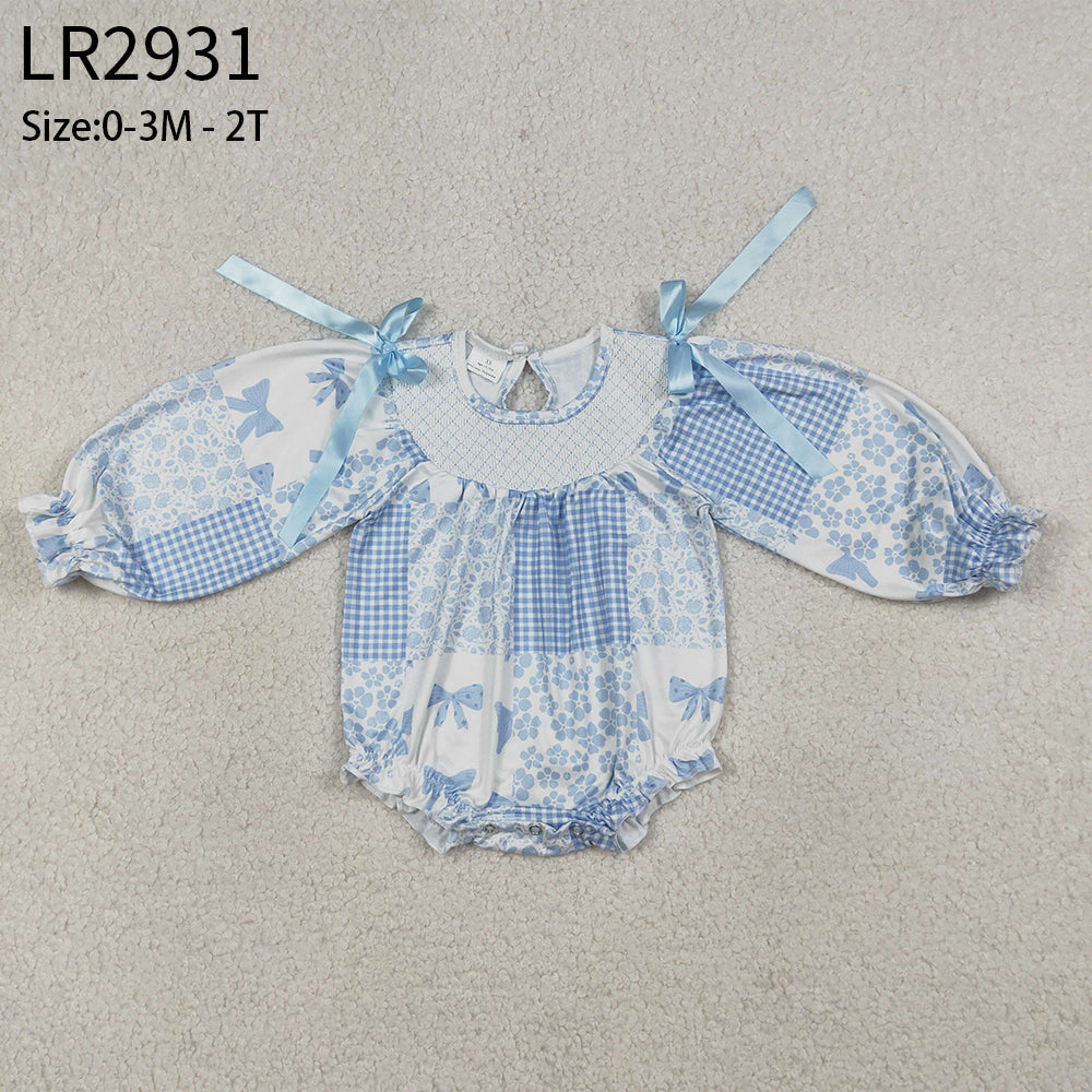 Baby Girls Kids Long Sleeves Embroidery Smocked Blue Bows Flower Bubble Romper RTS