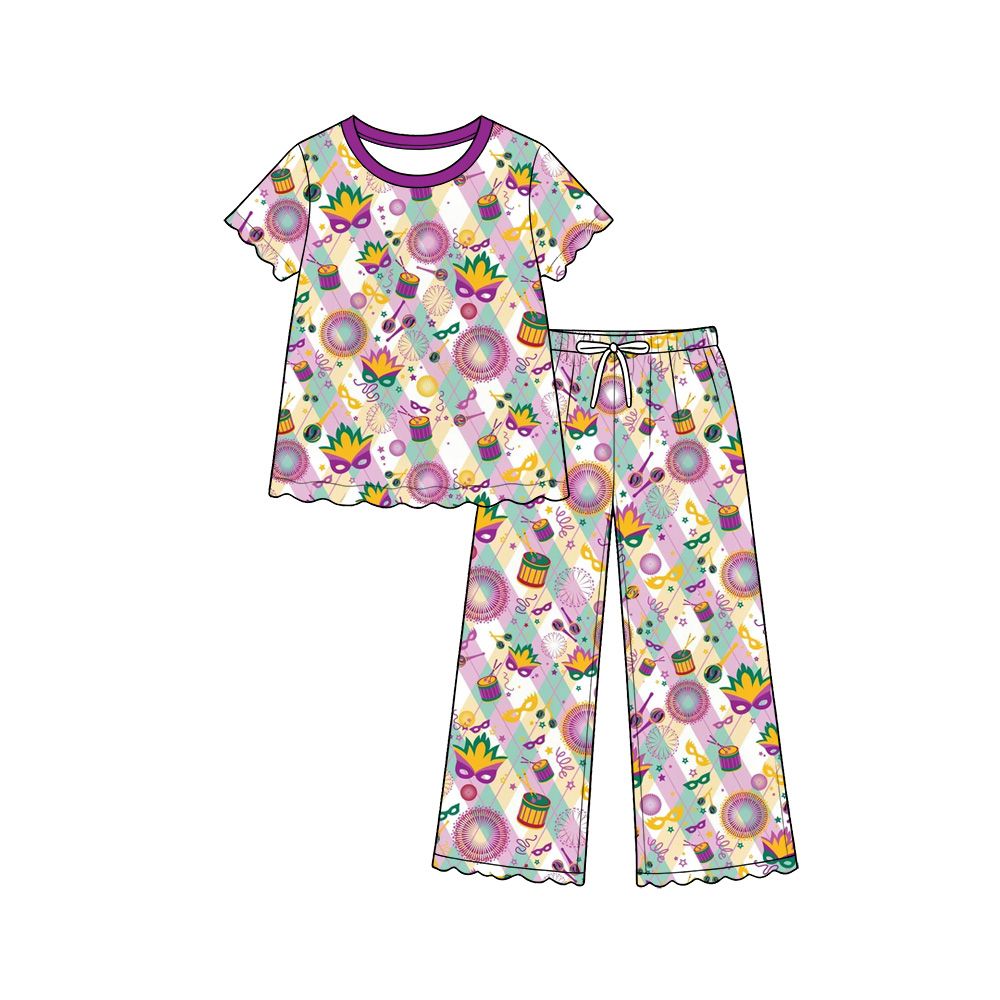 ( Moq 5 ) Preorder Baby Girls Kids Short Sleeves Masks Plaid Shirt Scallop Pants Mardi Gras Set Clothes