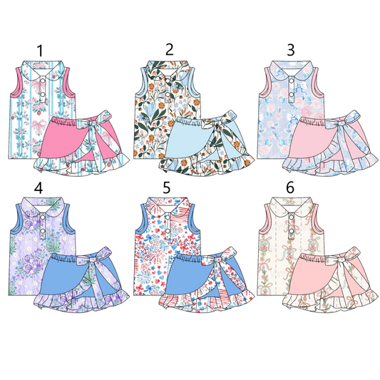 Baby Girl Sleeveless Flower Bows Shirt Skirt Shorts Sibling Set ( Moq 5 Each Style ) 3.4