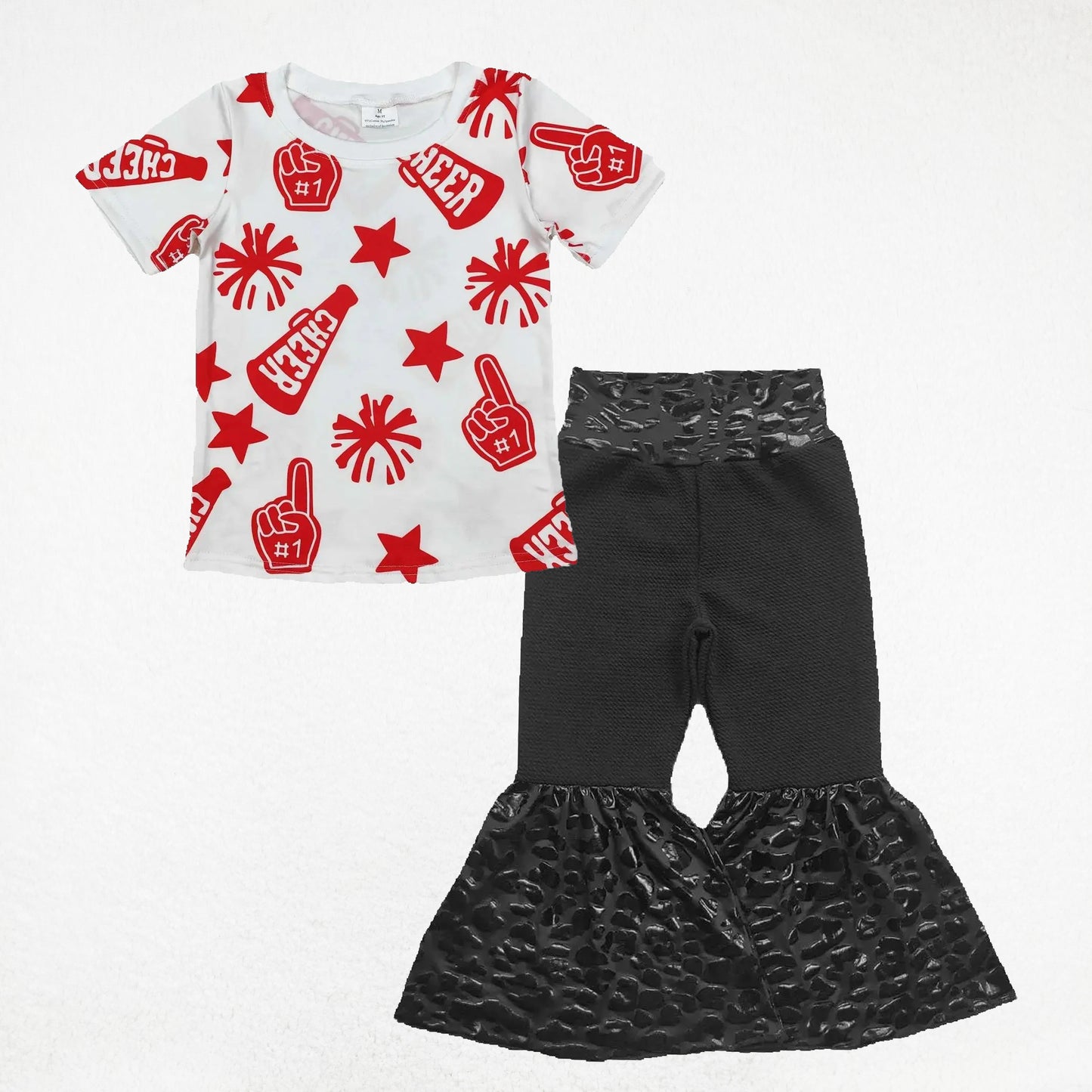Baby Girl Short Sleeves Cheer Red Shirt Black Leather Bell Pants Clothes Set RTS