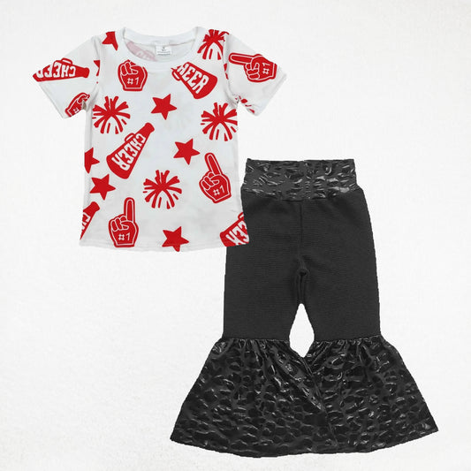 Baby Girl Short Sleeves Cheer Red Shirt Black Leather Bell Pants Clothes Set RTS