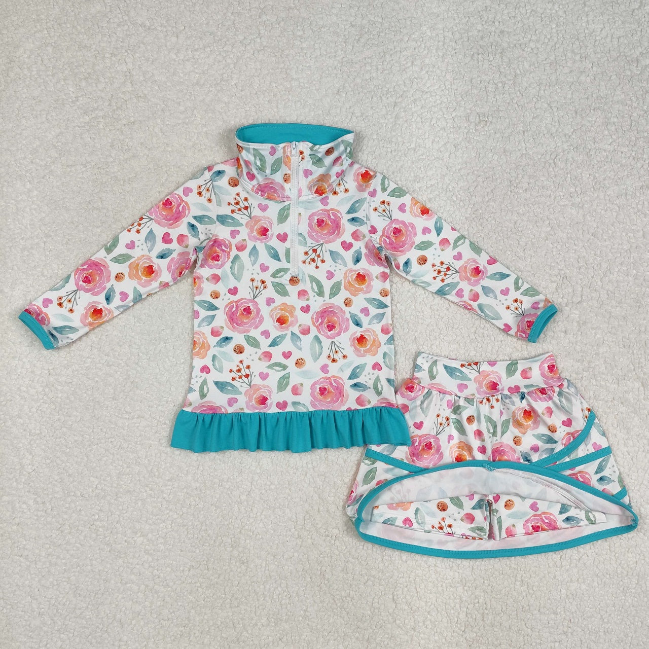 Baby Girl Long Sleeves Flower Zipper Shirt Ruffle Skorts Sibling Set RTS