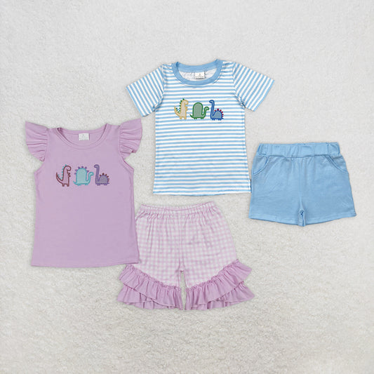Baby Boy Girl Embroidery Dinosaurs Shirt Shorts Sibling Clothes Set RTS