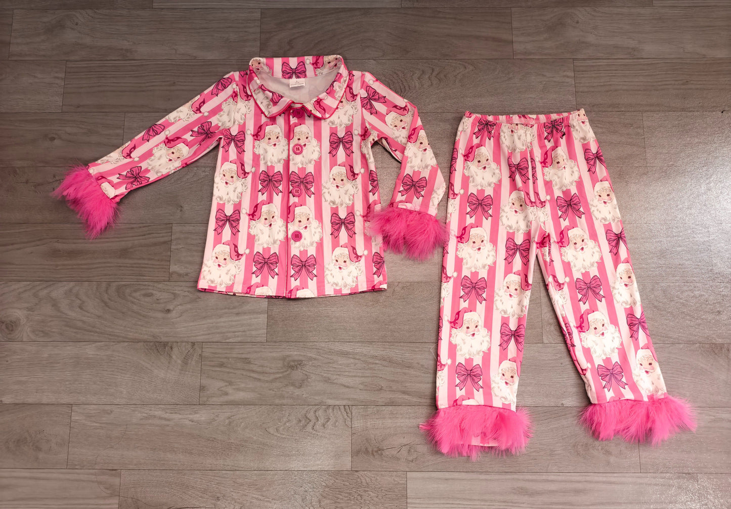 ( No moq ) Preorder Baby Girls Kids Fur Christmas Santa Bows Stripes Buttons Shirt Pants Fall Pajamas Set Clothes