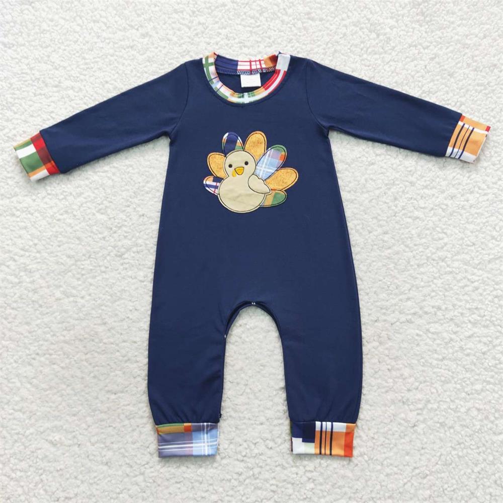 Baby Boy Girl Toddler Embroidery turkey Plaid Thanksgiving Sibling Fall Romper Set Clothes RTS