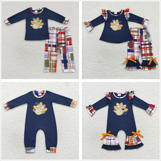 Baby Boy Girl Toddler Embroidery turkey Plaid Thanksgiving Sibling Fall Romper Set Clothes RTS