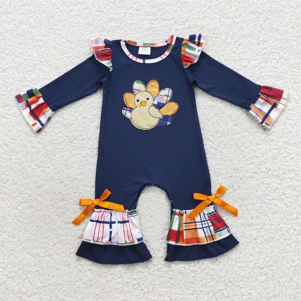 Baby Boy Girl Toddler Embroidery turkey Plaid Thanksgiving Sibling Fall Romper Set Clothes RTS