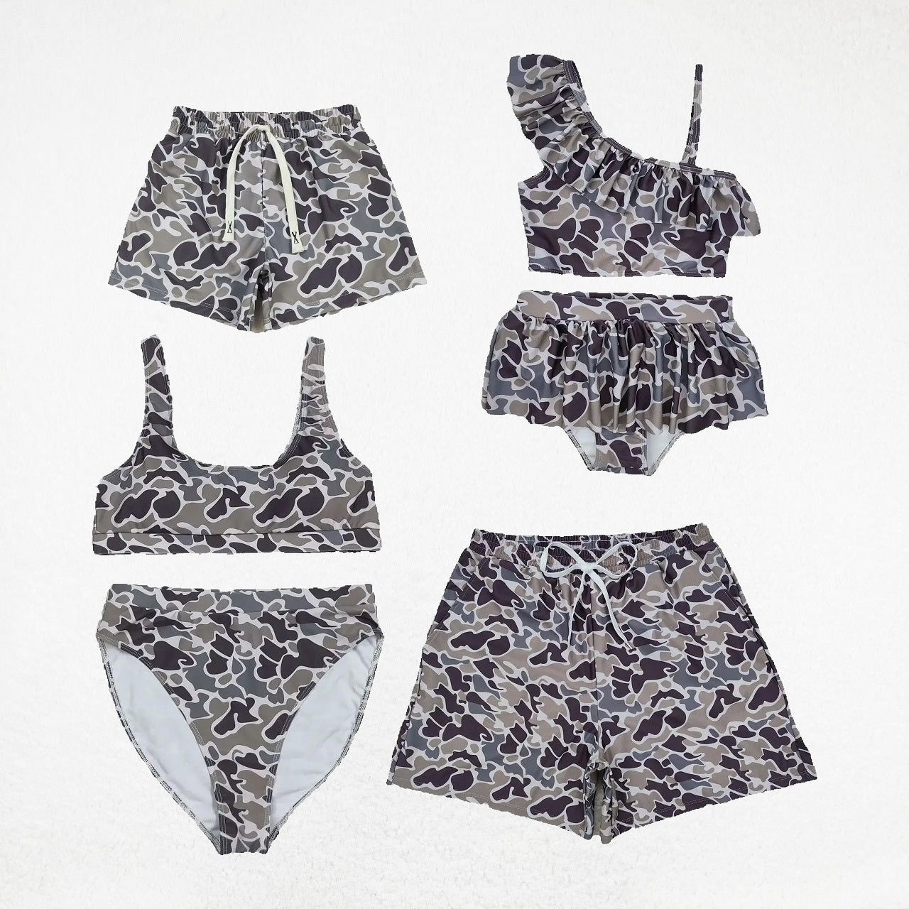 Baby Boy Girl Adult Dark Grey Camo Sibling Family Trunks Swimsuit RTS