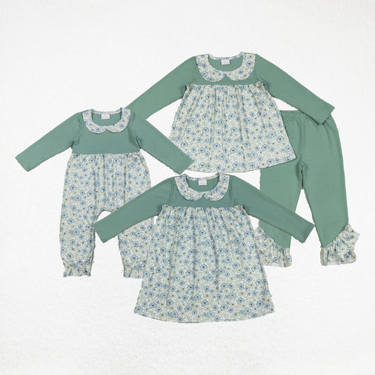Baby Girl Toddler Green Long Sleeves Flower Sibling Ruffle Romper Dress Set RTS