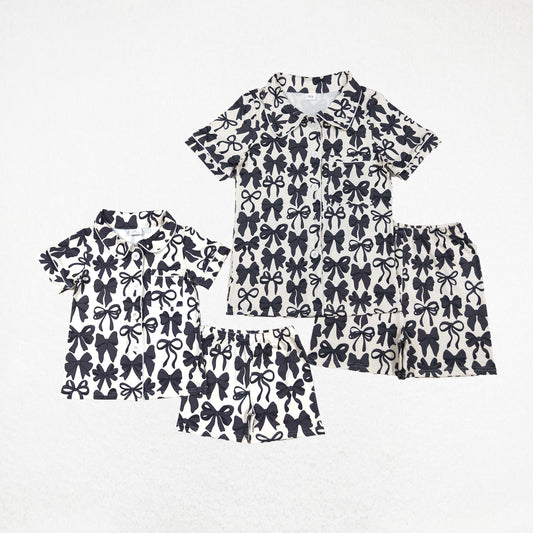 Baby Girl Adult Women Short Sleeves Black Bows Sibling Mommy and Me Family Pajamas Set