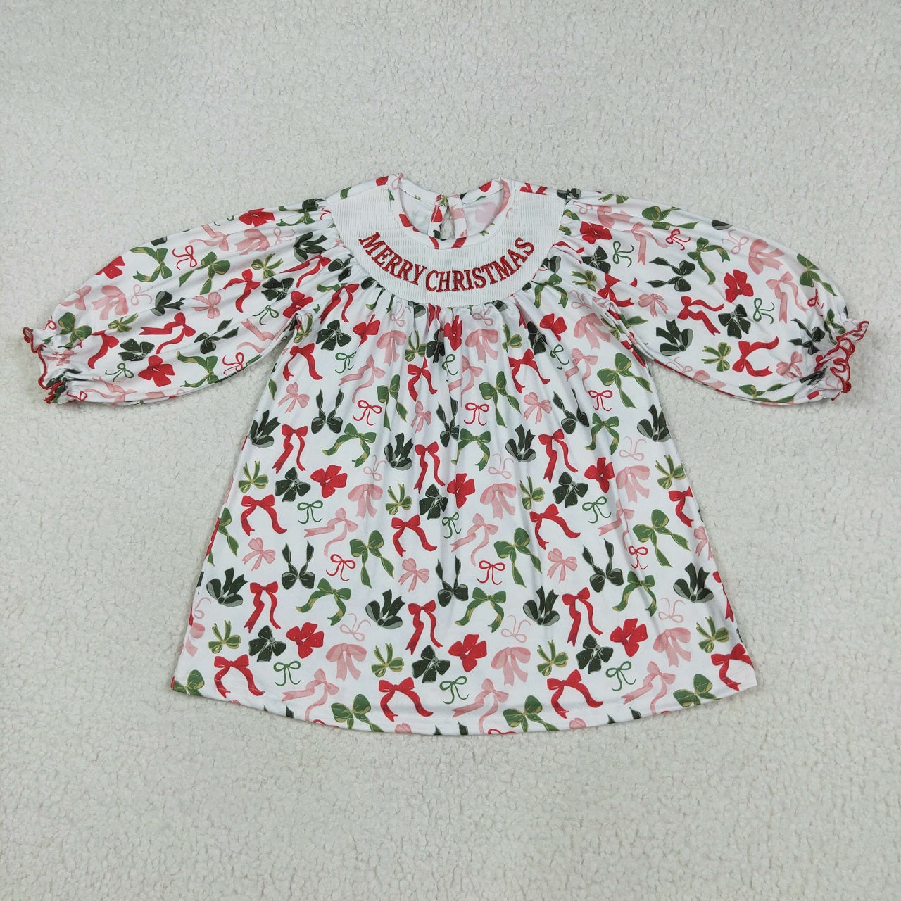 Baby Girl Long Sleeves Embroidery Merry Christmas Bows Sibling Smocked Romper Dress RTS