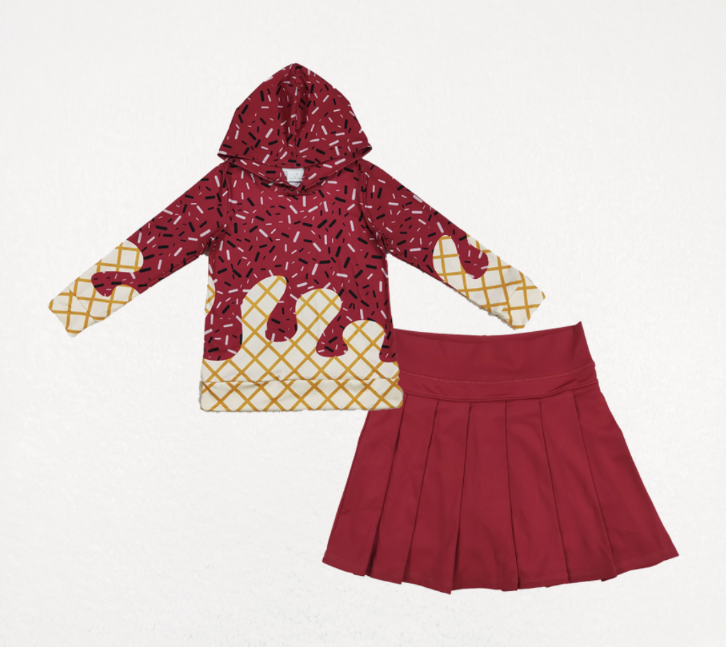Baby Girl Long Sleeves Drips Hoodie Shirt Red Yoga Active Skort Team Set RTS