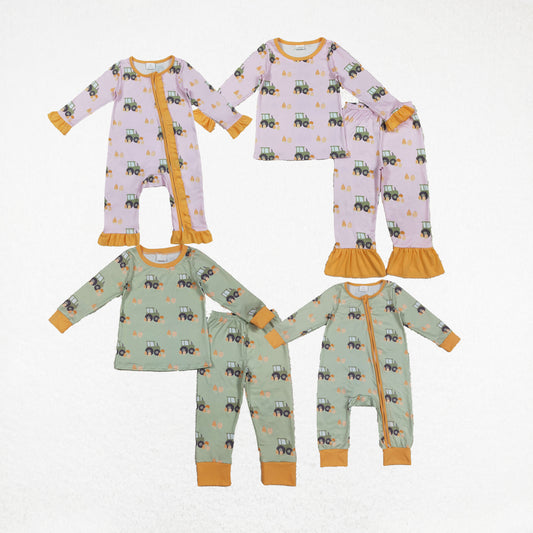 Baby Boy Girl Long Sleeves Pumpkins Tractors Sibling Thanksgiving Pajamas Romper Set RTS