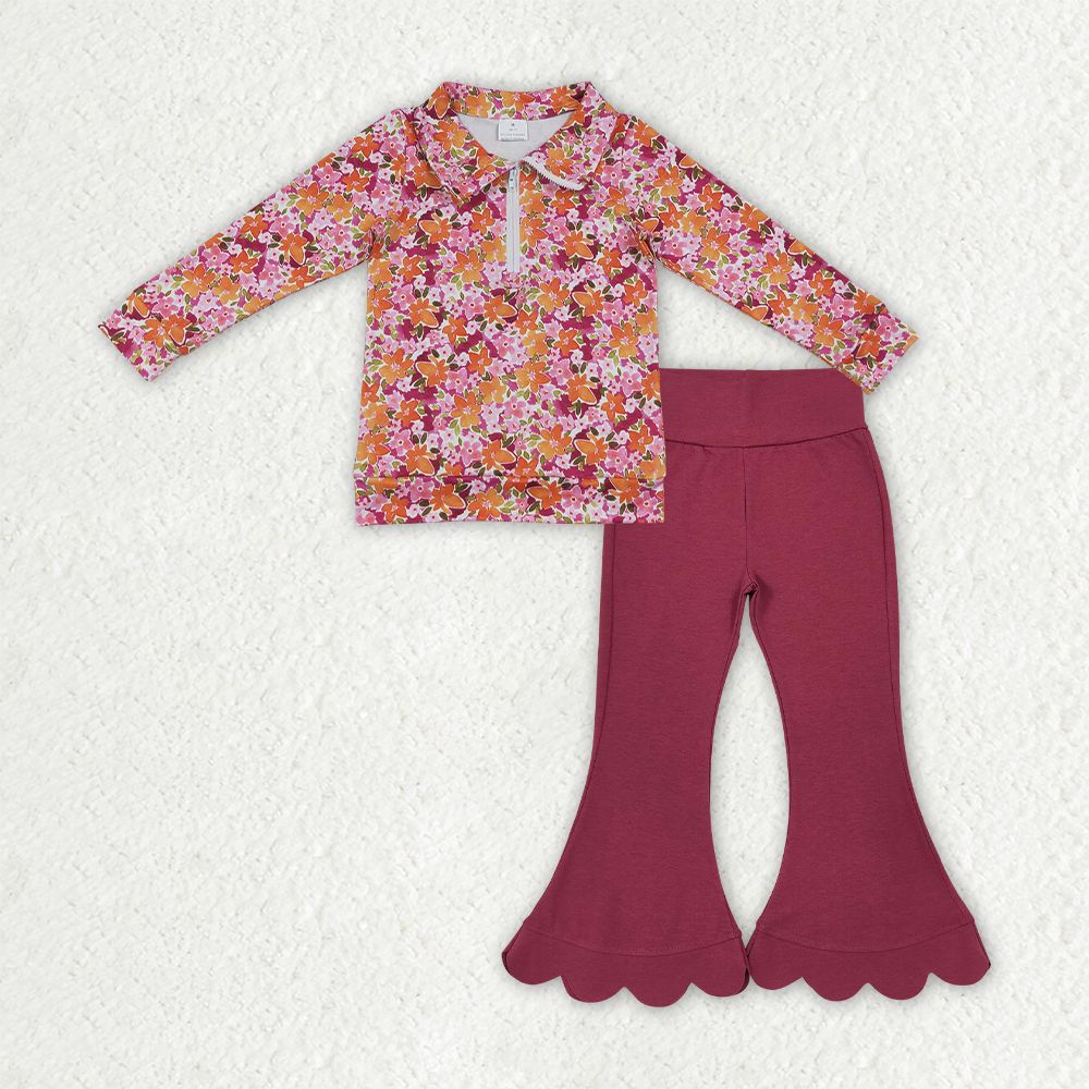 Baby Girls Long Sleeves Flower Zipper Shirt Scalloped Bell Pants Set Clothes RTS