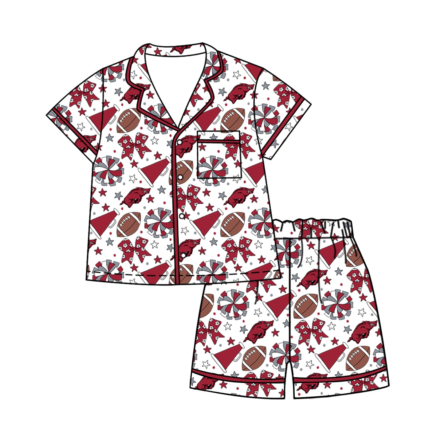 ( Moq 5 ) Baby Girls Kids Short Sleeves Pigs Bows Cheer Football Shirt Shorts Pajamas Set
