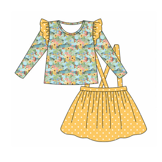 Baby Girl Long Sleeves Flower Shirt Dots Yellow Skirt Set