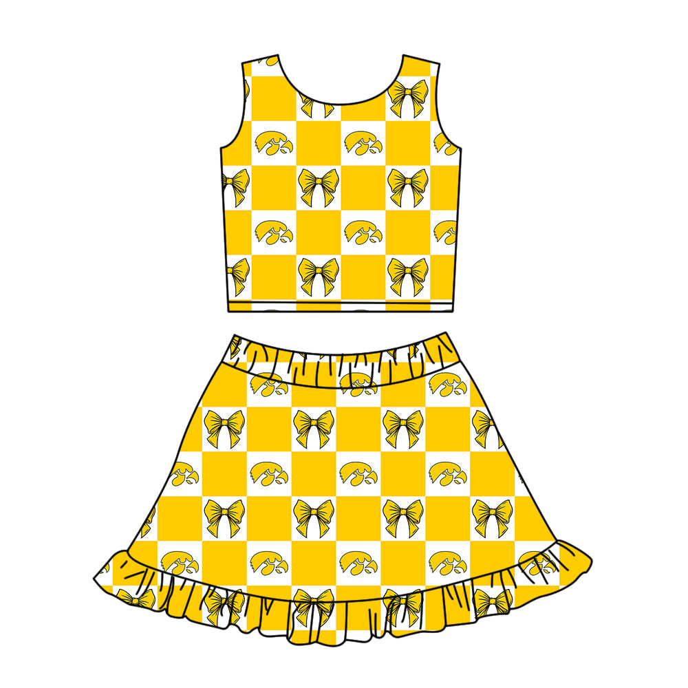 ( Moq 5 Each Style ) Baby Girls Kids Toddler Bows Yellow Plaid Tops Shorts Ruffle Skirt Team Set