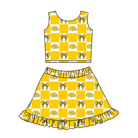 ( Moq 5 Each Style ) Baby Girls Kids Toddler Bows Yellow Plaid Tops Shorts Ruffle Skirt Team Set