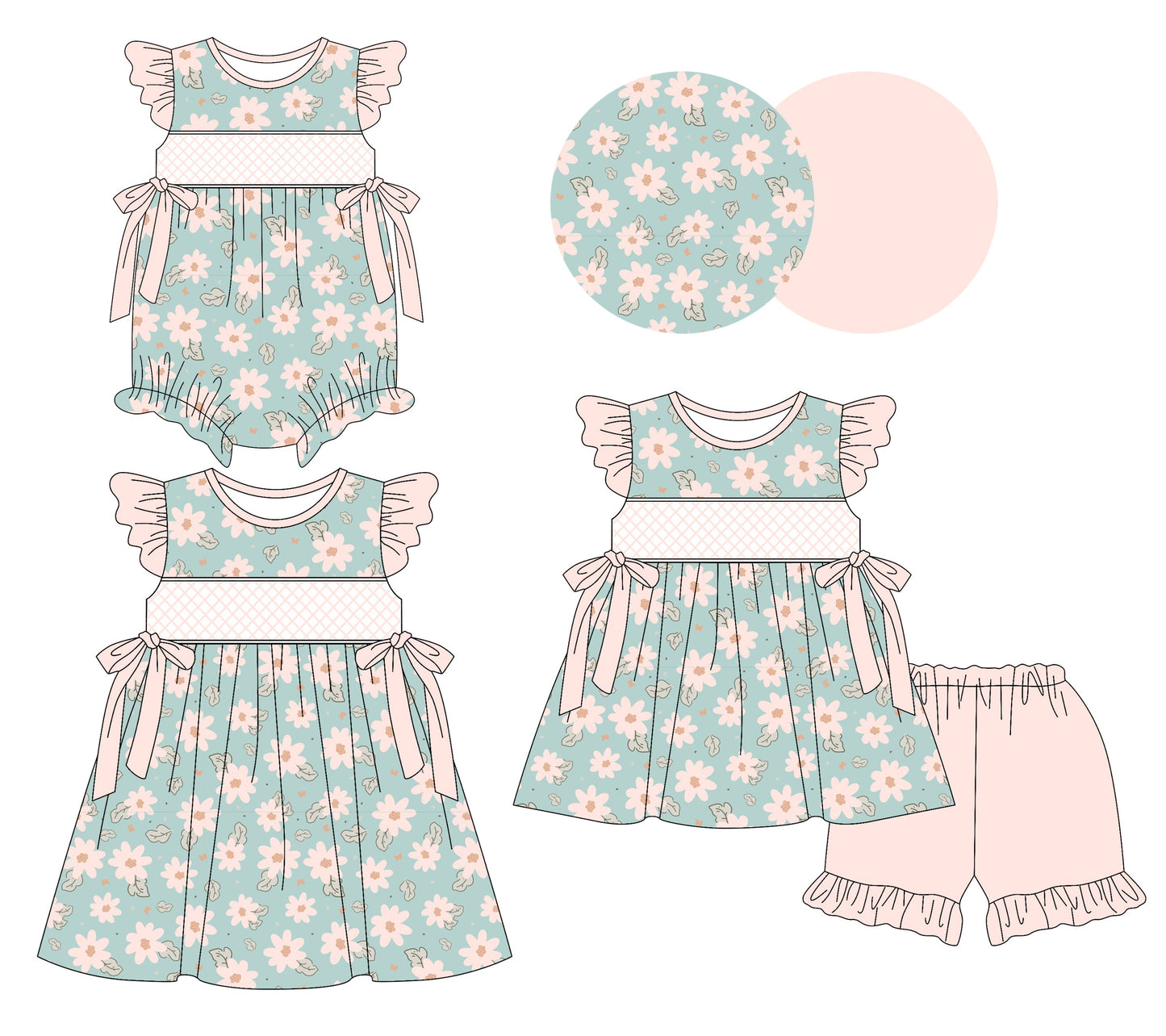 Baby Girl Short Sleeves Flower Bows Sibling Romper Dress Set ( Moq 5 Each Style ) 3.11