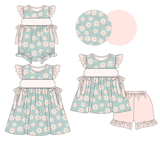 Baby Girl Short Sleeves Flower Bows Sibling Romper Dress Set ( Moq 5 Each Style ) 3.11