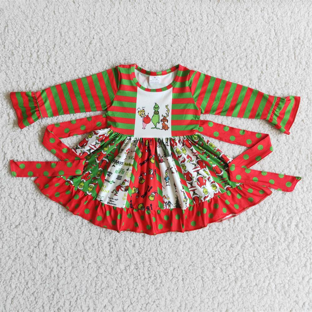 6 B3-5 Baby Girl Christmas Stripes Long Sleeves Face Twirl Dress