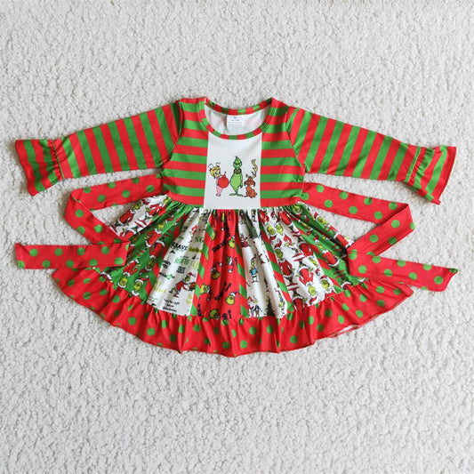 6 B3-5 Baby Girl Christmas Stripes Long Sleeves Face Twirl Dress