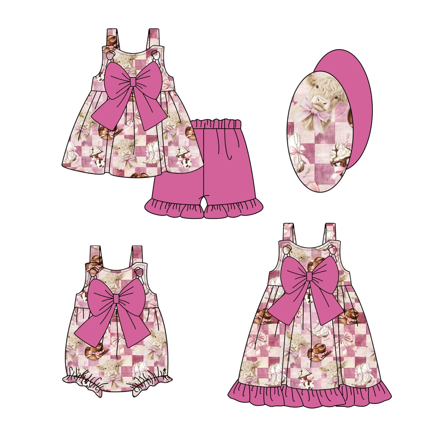 Baby Girl Cow Bows Checked Sibling Romper Dress Set ( Moq 5 Each Style ) 1.23